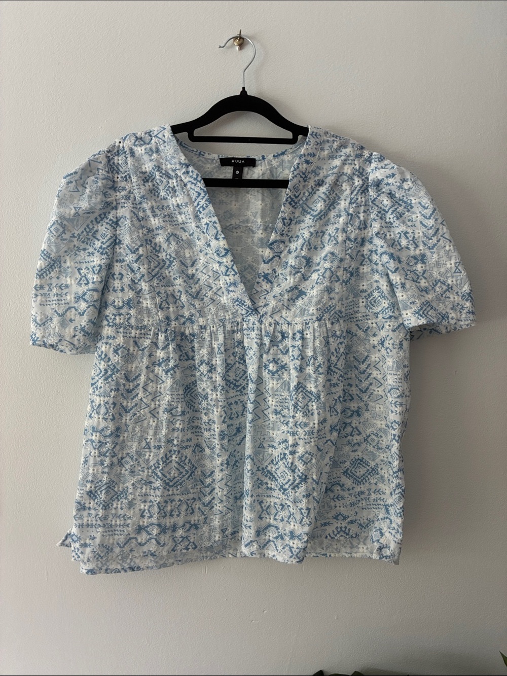 Aqua Light Blue V-Neck Puff Short Sleeve Eyelet and Embroidered Blouse Tunic